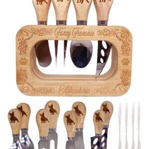 Frenchie The French Bulldog Cheese Board Deluxe Stainless Steel Utensils 12 Set, and Engraved Bamboo Display Stand, Cheese Knives, Forks, Spoons, Spreaders and Mini Forks, Fancy Frenchie Charcuterie