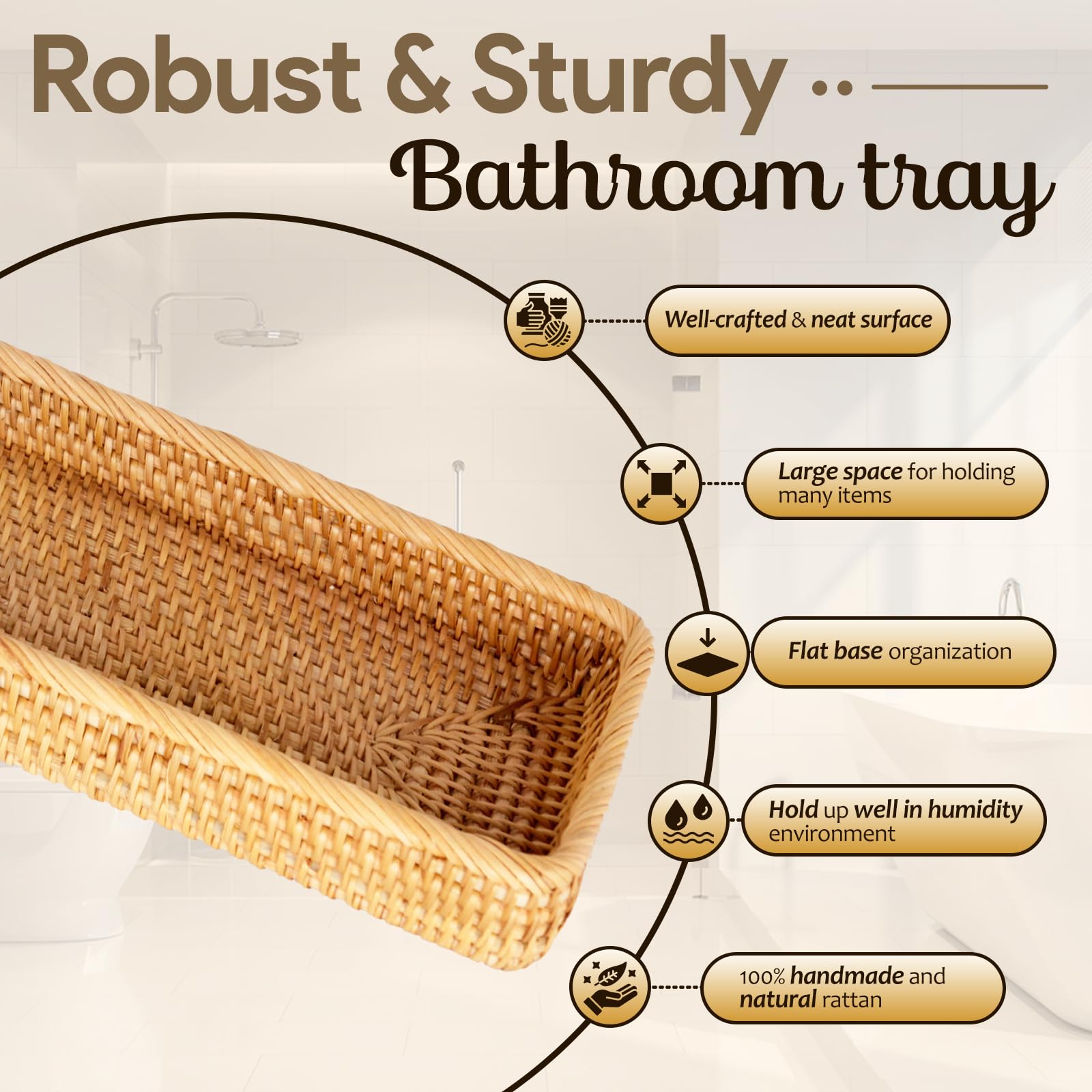 16" Rattan Toilet Tank Basket Rectangle - Large Space for Storage, Tightly Woven & Natural Color, Used Like Long Toilet Basket Tank Topper, Back of Toilet Basket, Tray for Bathroom Counter