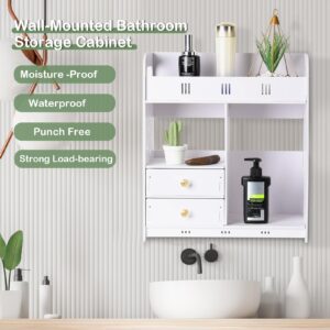 Hesitroad Modern Bathroom Cabinet, Wall Mount Hollow Flower Carved Toilet Storage Shelf Medicine Floor Cabinets Punching Free Cosmetics Organizer for Toilet Kitchen Living Room White