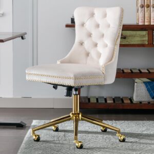 Beige Velvet Home Office Desk Chair with Wheels & Gold Base, Cute Makeup Vanity Chair with Tufted Back for Women Girls, Upholstered Adjustable Swivel Armless Office Chair for Bedroom, Beige