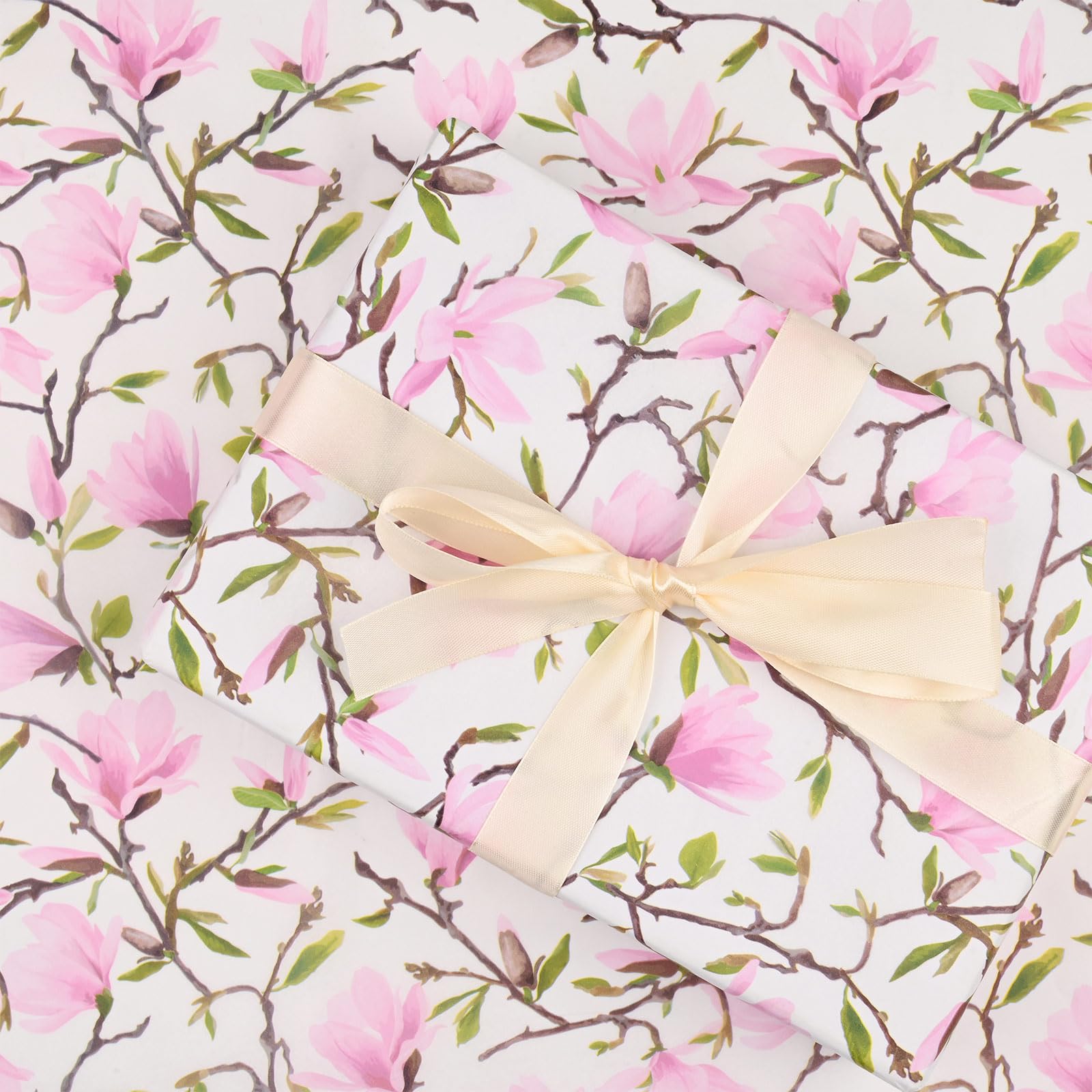 100 Sheets Pink Magnolia Flowers Printed Tissue Paper Floral Pattern and Leaves Art Decorative Tissue for Gift Wrapping Supplies