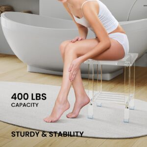 Sumerflos Acrylic Shower Bench for Inside Shower - 12.6" D * 18.58" W * 16.34" H Bathroom Shower Stool with Storage Shelf Heavy Duty (Hold Up to 400lbs) for Shaving Legs Waterproof Non-Slip