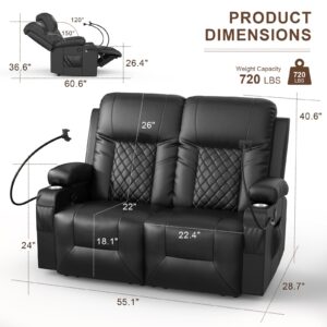 FURNIMAT Loveseat Recliner Sofa, 2 Seater Reclining Loveseat Sofa, PU Leather Recliner Loveseat Couch, Modern Recliner Chair for Living Room, with Cup Holder and 2 Cell Phone Holder, USB Ports, Black