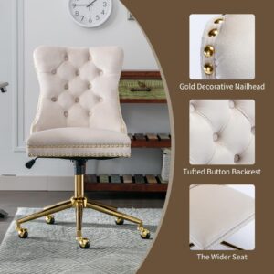 Beige Velvet Home Office Desk Chair with Wheels & Gold Base, Cute Makeup Vanity Chair with Tufted Back for Women Girls, Upholstered Adjustable Swivel Armless Office Chair for Bedroom, Beige