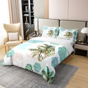 Manfei Tropical Palm Tree 100% Organic Cotton Comforter Cover Geometric Honeycomb Duvet Cover Set Queen Size for Bedroom Summer Beach Ocean Bedding Set with 2 Pillowcases