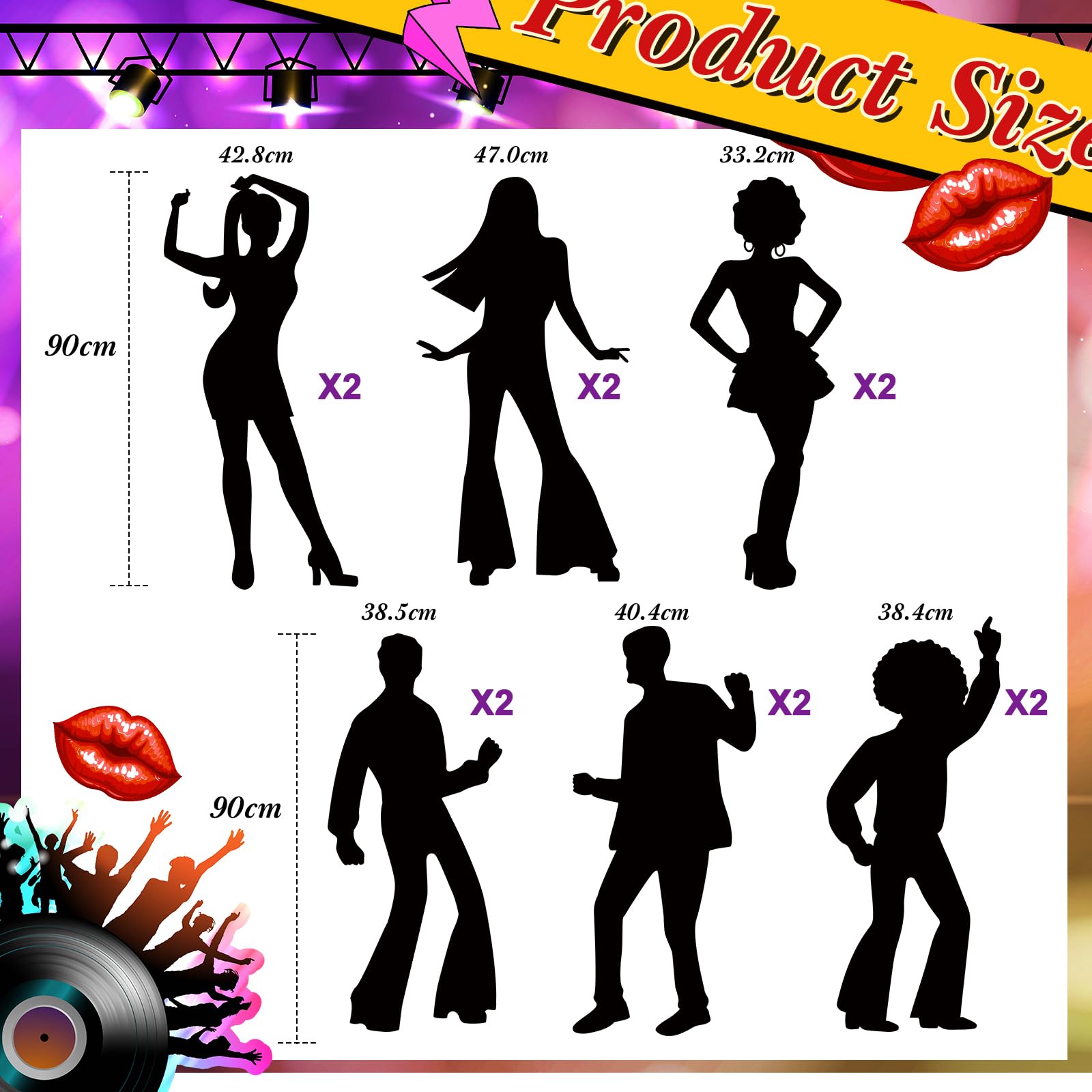 Motiskyy 12 Pcs Disco Dance Silhouettes Cutouts Large Retro Removable PVC Wall Decal Self Adhesive Party Decorations Waterproof Silhouettes PVC Wallpaper (35.43 Inch)