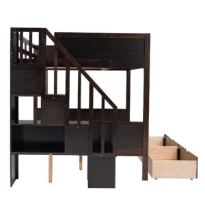 Bunk Bed Twin Over Full with Storage Staircase and 2 Drawers, Wooden Bunk Bed Frame with 4 Storage Shelves for Kids Boys Girls Teens (Espresso@028)