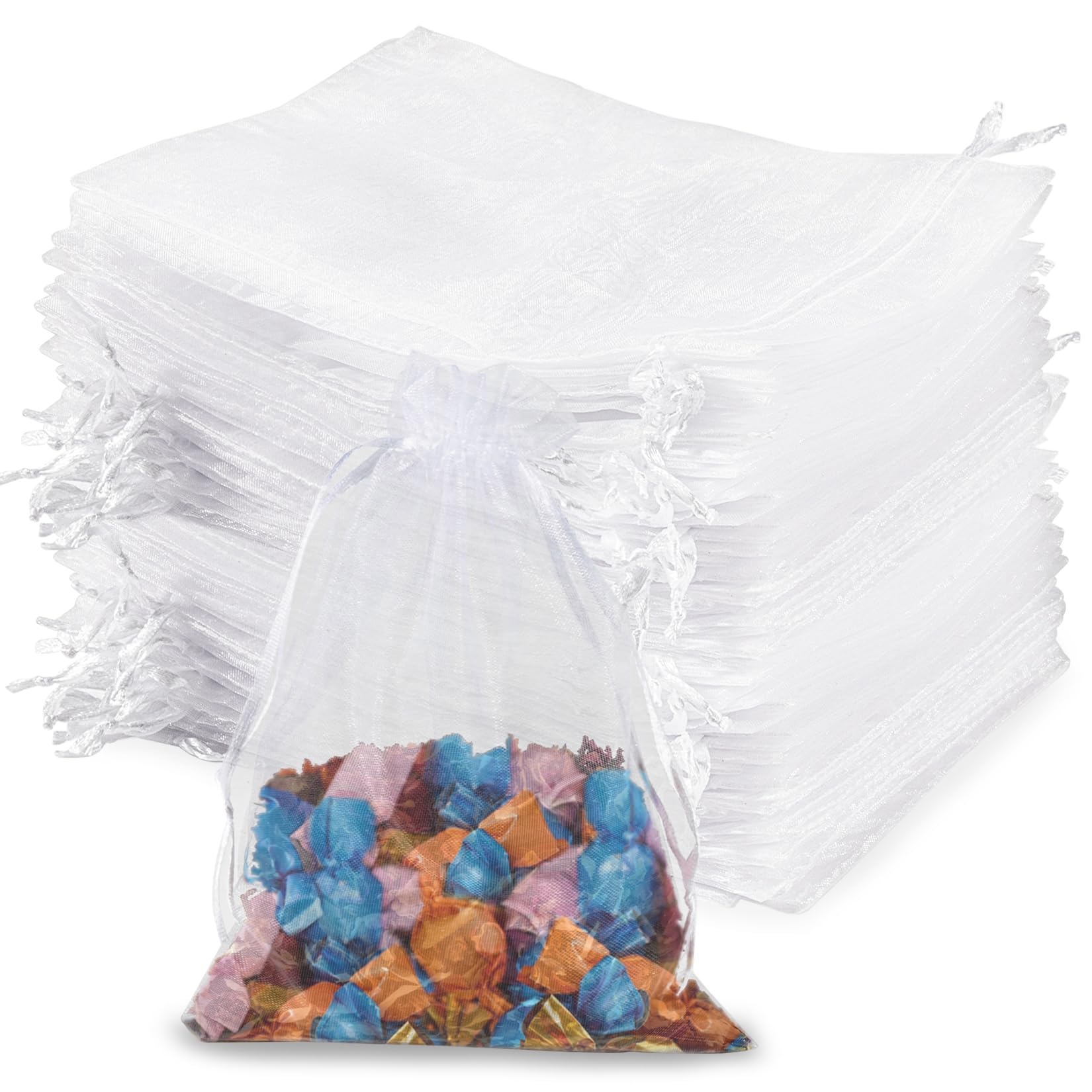 Sukh 100 White Organza Bags 3''x4'' - Small Organza Sachet Jewelry Gift Favor Bags Drawstring Mesh Bags Valentines Wedding Eid Mubarak Halloween Eve Christmas New Year Party Candy Fruit Wrap Bulk