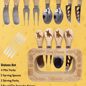 Frenchie The French Bulldog Cheese Board Deluxe Stainless Steel Utensils 12 Set, and Engraved Bamboo Display Stand, Cheese Knives, Forks, Spoons, Spreaders and Mini Forks, Fancy Frenchie Charcuterie