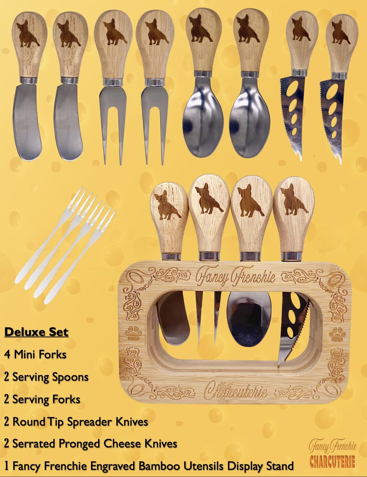 Frenchie The French Bulldog Cheese Board Deluxe Stainless Steel Utensils 12 Set, and Engraved Bamboo Display Stand, Cheese Knives, Forks, Spoons, Spreaders and Mini Forks, Fancy Frenchie Charcuterie