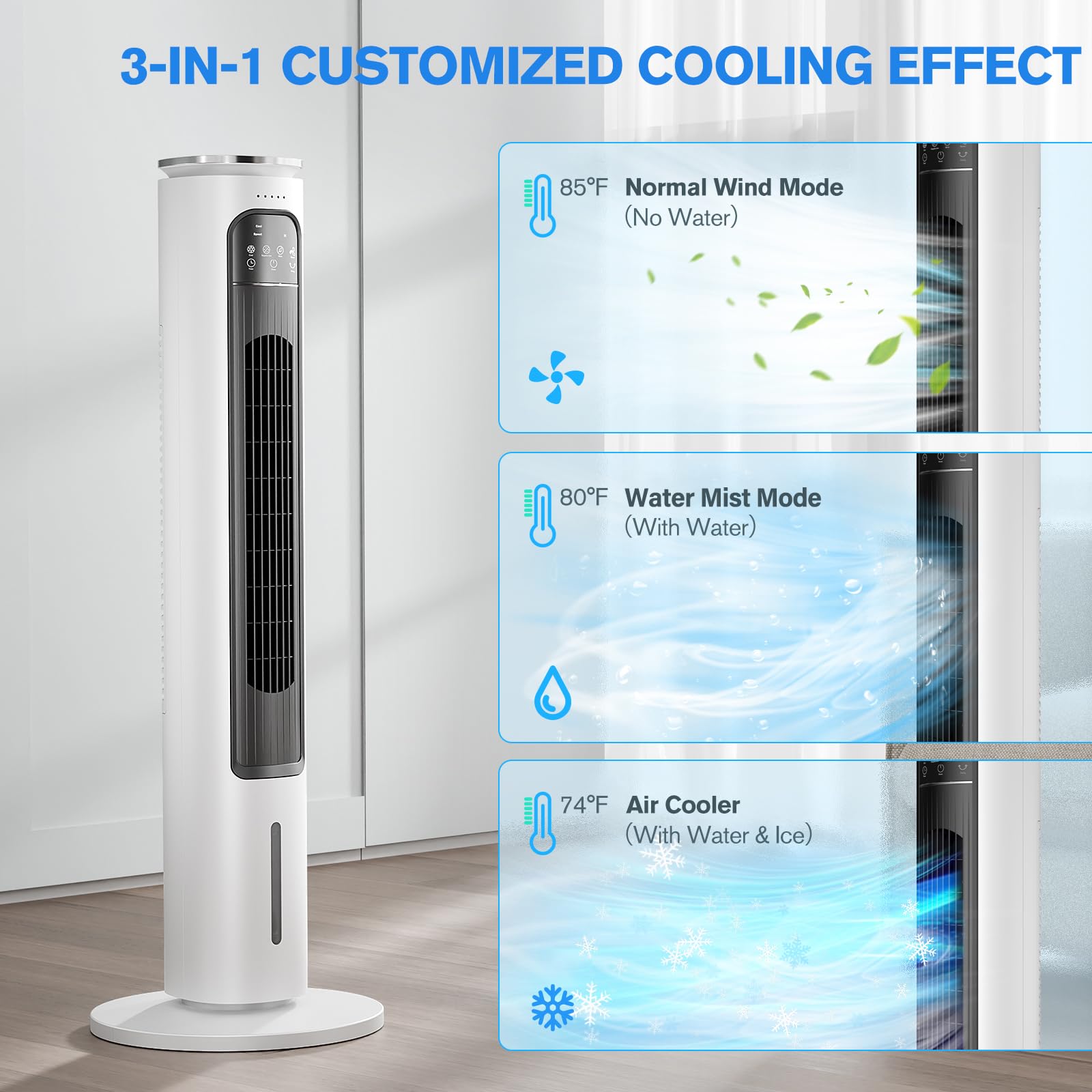 3-IN-1 Portable Air Conditioners Tower Fan, 37'' Evaporative Air Cooler w/Remote, 2.5L Water Tank With 4 Ice Packs, 12H Smart Timer & 70° Oscillating, 3Speeds For Bedroom Living Room Office