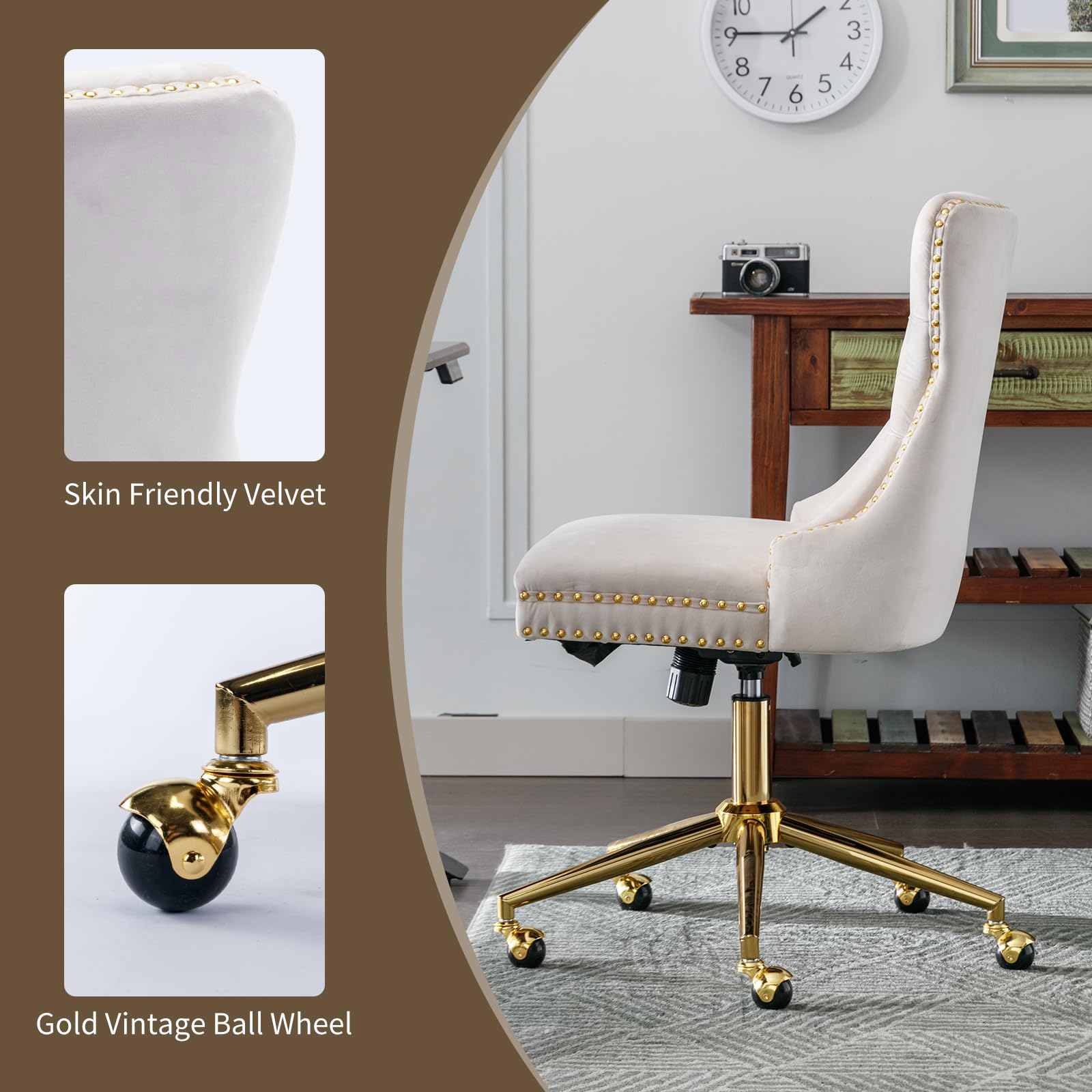 Beige Velvet Home Office Desk Chair with Wheels & Gold Base, Cute Makeup Vanity Chair with Tufted Back for Women Girls, Upholstered Adjustable Swivel Armless Office Chair for Bedroom, Beige