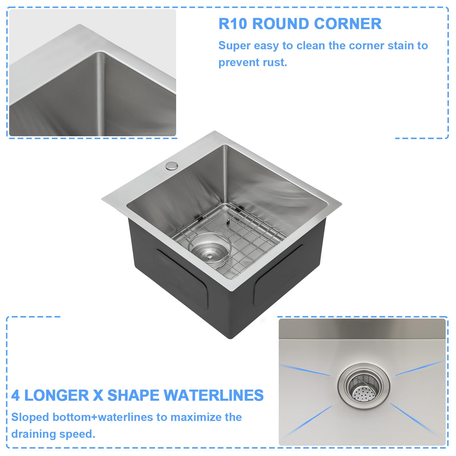 Lordear 18 Drop in Kitchen Sink Topmount Bar Sink 16 Gauge Single Bowl Stainless Steel 18 x18 x9 Inch Bar Sink Kitchen Sinks Outdoor Sink