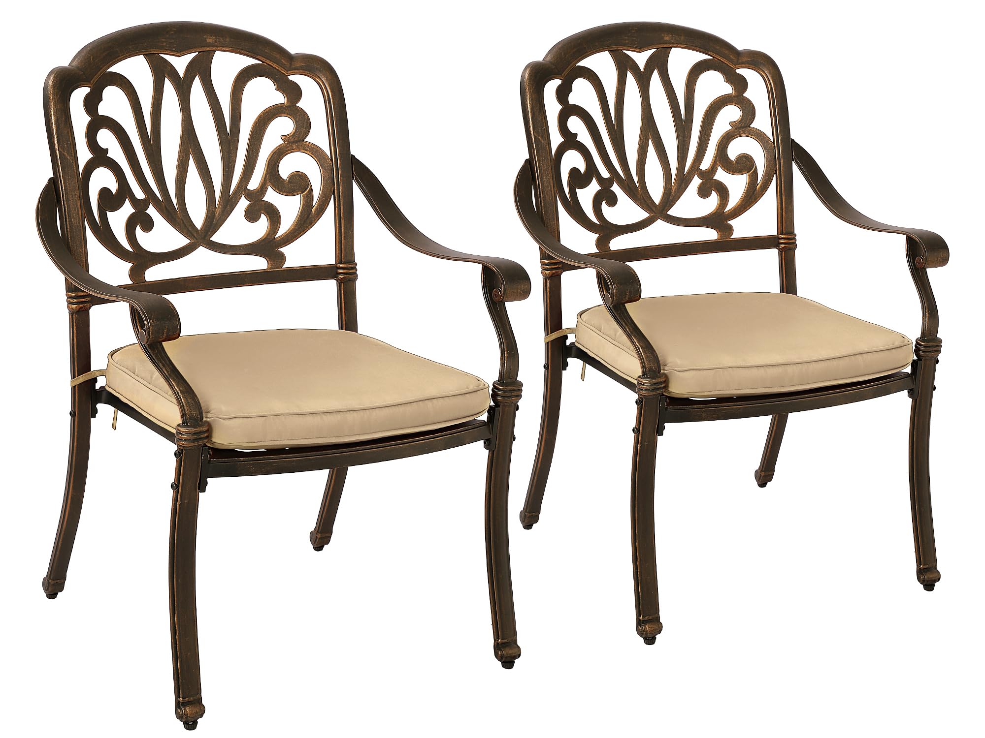 2 Piece Outdoor Dining Chairs, Cast Aluminum Dining Chairs Set of 2, Patio Bistro Chairs Set with Cushions for Patios, Gardens, Pools, Terraces (Flower Design with Khaki Cushion)