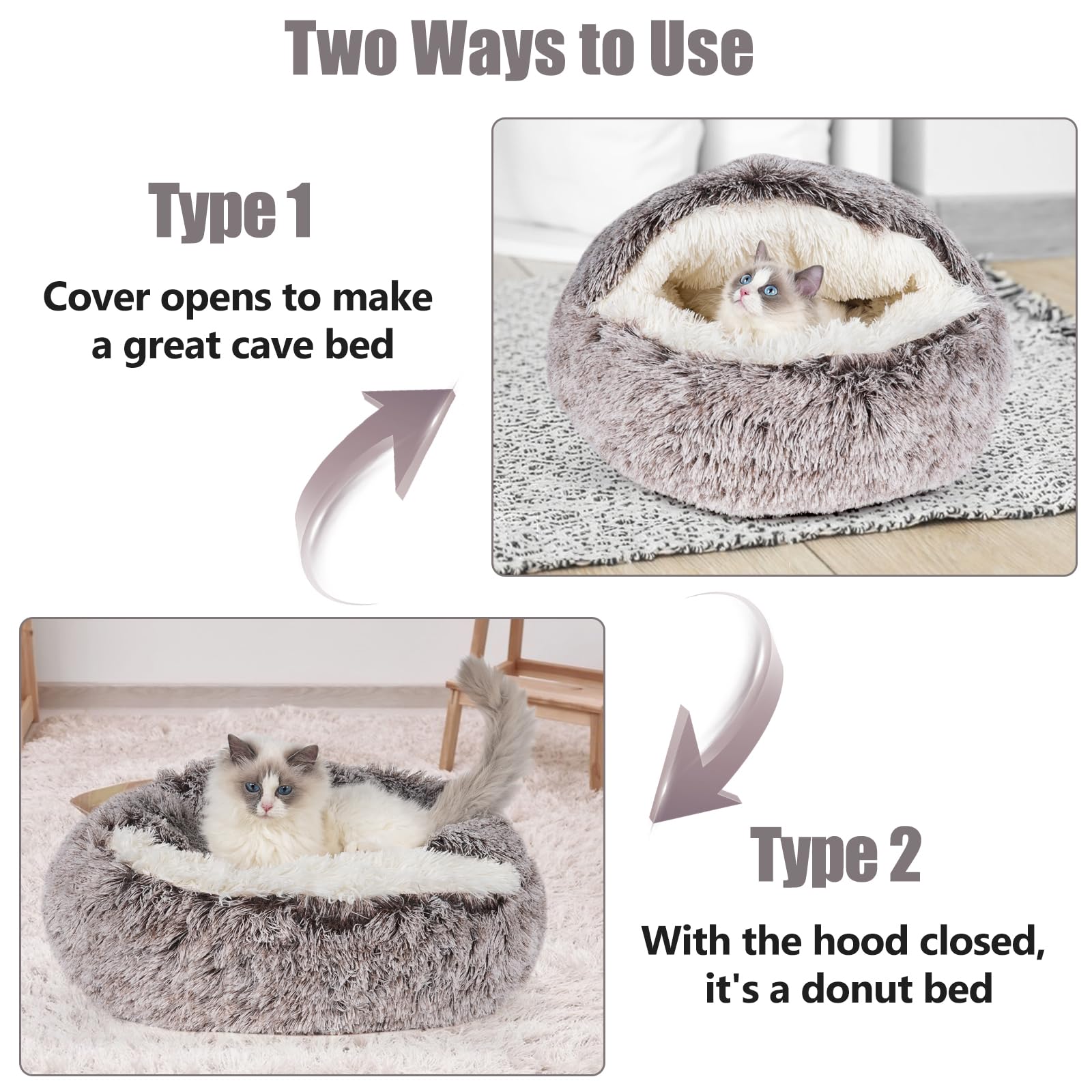 Qianchilang Cat Beds & Dog Bed with Cover Cave, Dog Beds for Small Dogs, Round Soft Plush Donut Calming Pet Bed for Indoor Cats or Small Dog, Washable Puppy Bed with Non-Slip Bottom-16inch