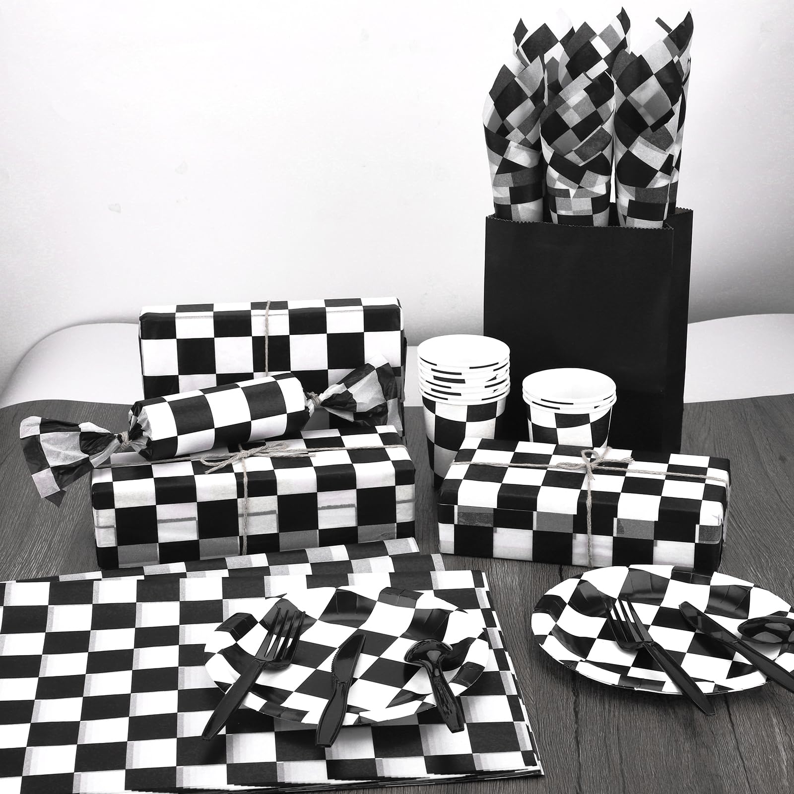 120 Sheets Checkered Tissue Paper Black and White Race Car Party Gift Wrapping Paper Black Plaids Art Tissue Paper for Racing Car Birthday Christmas Party Decorations, 14x20 inch