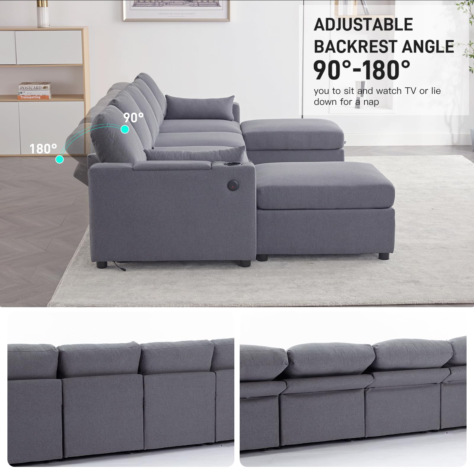 WOTSTA Modular Sectional Sofa Couch with Large Storage, Convertible U Shaped Sofa with USB Ports & Cup Holders, Deep Seat Couch with Wide Chaise, 6 Seat Sectional Couches for Living Room (Grey)