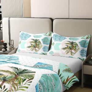 Manfei Tropical Palm Tree 100% Organic Cotton Comforter Cover Geometric Honeycomb Duvet Cover Set Queen Size for Bedroom Summer Beach Ocean Bedding Set with 2 Pillowcases