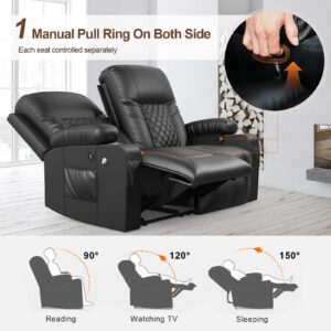 FURNIMAT Loveseat Recliner Sofa, 2 Seater Reclining Loveseat Sofa, PU Leather Recliner Loveseat Couch, Modern Recliner Chair for Living Room, with Cup Holder and 2 Cell Phone Holder, USB Ports, Black