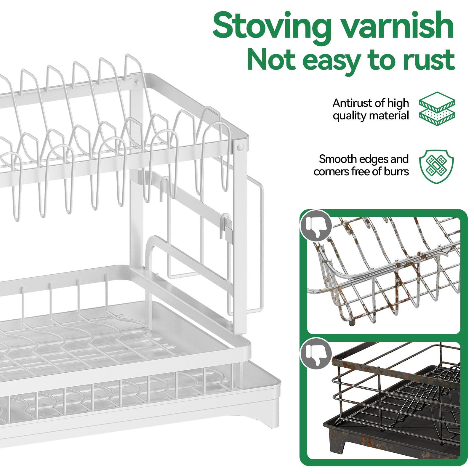 QECOUI 2 Tier Dish Drying Rack for Kitchen Counter, Dish Drainers for Kitchen Counter with Drainboard, Metal Kitchen Dish Rack with Drain, Kitchen Drying Rack Two Tier, Black Dish Racks (White)