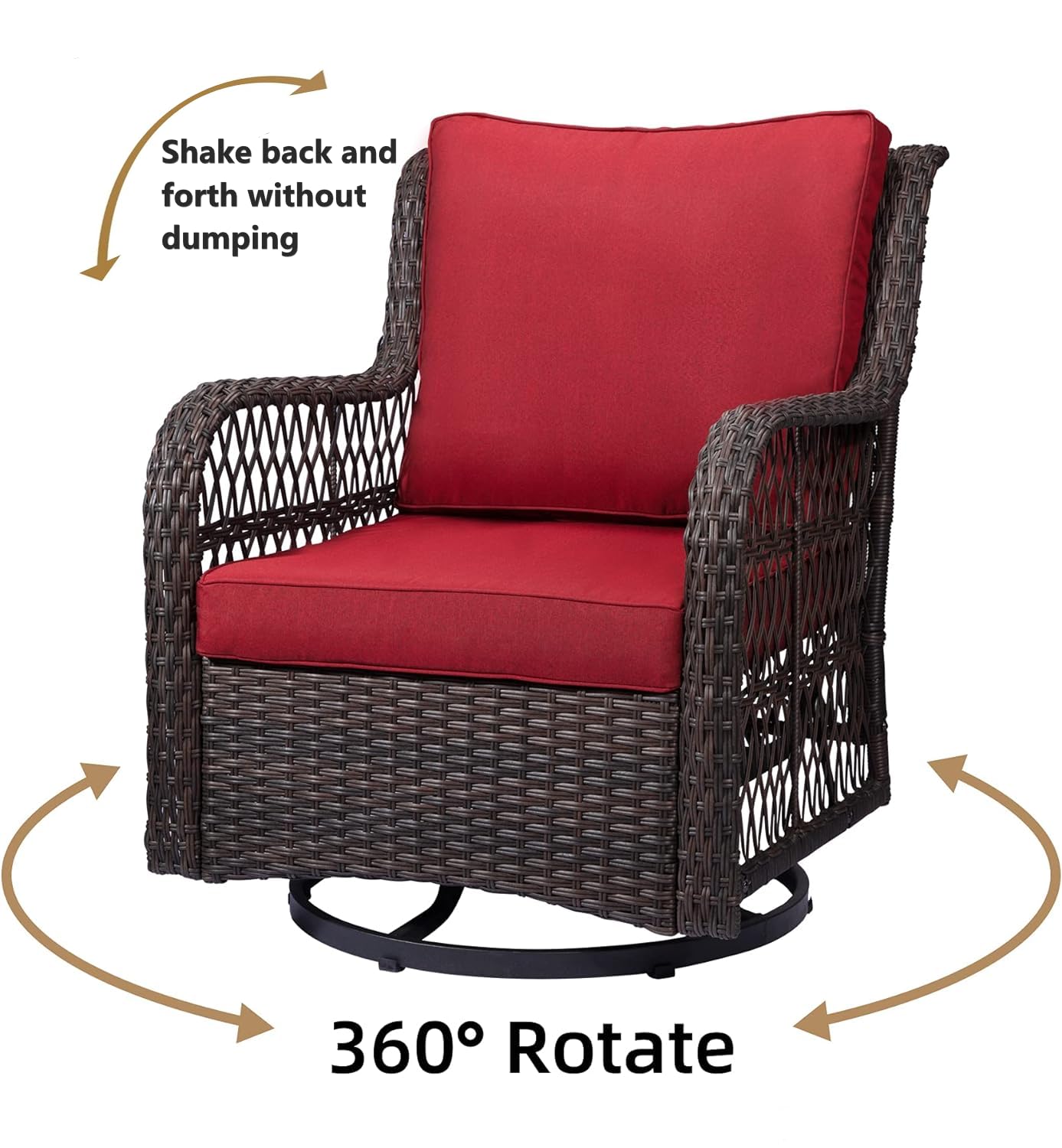 OMTech Rocking Chair, Outdoor Wicker Rotation Rocking Chair with Cushion, Outdoor Rocking Chair Set of 3, with End Table, Indoor Outdoor Patio Yard Bistro Furniture, Red