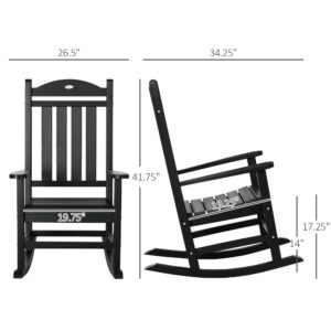 Outsunny 2 Pieces Outdoor Rocking Chair, All Weather-Resistant HDPE Rocking Patio Chairs with Rustic High Back, Armrests, Oversized Seat and Slatted Backrest, 350lbs Weight Capacity, Black