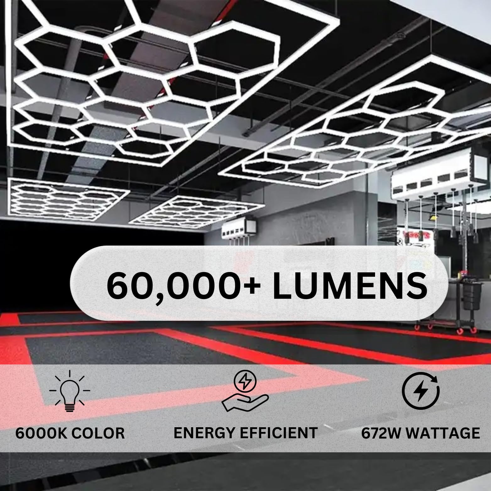 Modern LED Hexagon Garage Light Fixture - 6000K 672W 14 Grid Hexagon Light Set With Rectangle Frame for Garage, Detail Shop, Commercial Store, Office, etc. Over 60,000 Lumens 110V 15.98FT X 7.88FT