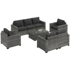 outsunny 5 piece patio furniture set with cushions, outdoor pe rattan wicker conversation sofa set with storage bin coffee table, dark gray