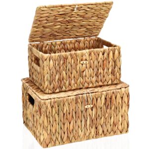 fairyhaus wicker storage basket with lid, water hyacinth wicker basket with lid and handles, large and small wicker baskets with lids 2pack, 13"x10"x7" & 11.2"x8.3"x5.7"