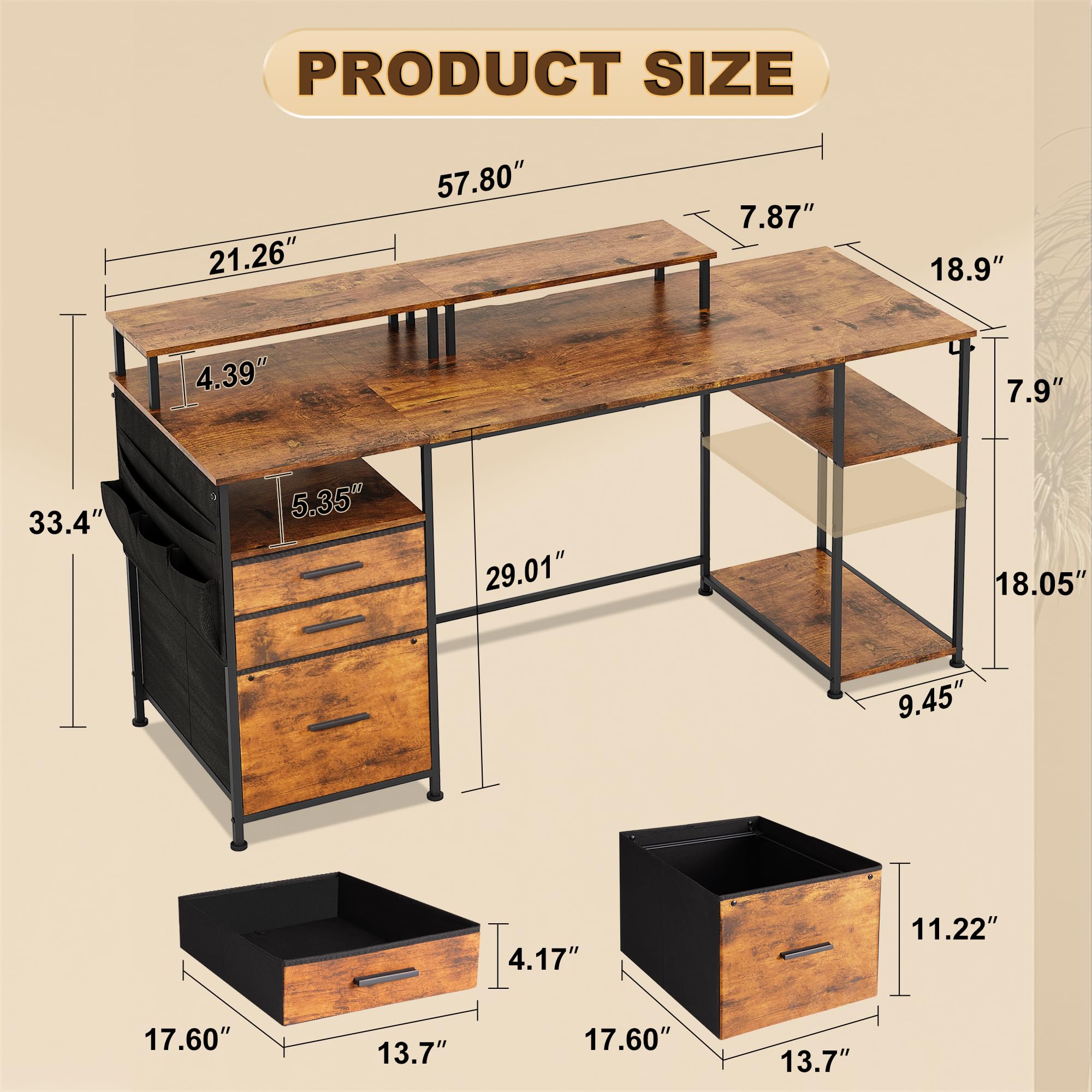 EKNKOZY Computer Desk with 3 File Cabinet Drawers, 57.8'' Reversible Gaming Desk, Office Desk with Storage Shelves and Dual Monitor Stand for Home & Office (Rustic Brown)