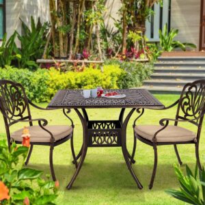 2 Piece Outdoor Dining Chairs, Cast Aluminum Dining Chairs Set of 2, Patio Bistro Chairs Set with Cushions for Patios, Gardens, Pools, Terraces (Flower Design with Khaki Cushion)