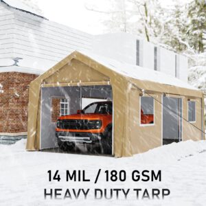 DEXSO Carport 13'x20' Heavy Duty Portable Garage, 1.0 mm Steel Poles & 180 g PE Waterproof Canopy, with Front & Rear Doors, 2 Side Doors, and 4 Windows, for Pickup Truck, and Boat, Khaki