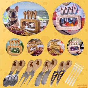 Frenchie The French Bulldog Cheese Board Deluxe Stainless Steel Utensils 12 Set, and Engraved Bamboo Display Stand, Cheese Knives, Forks, Spoons, Spreaders and Mini Forks, Fancy Frenchie Charcuterie