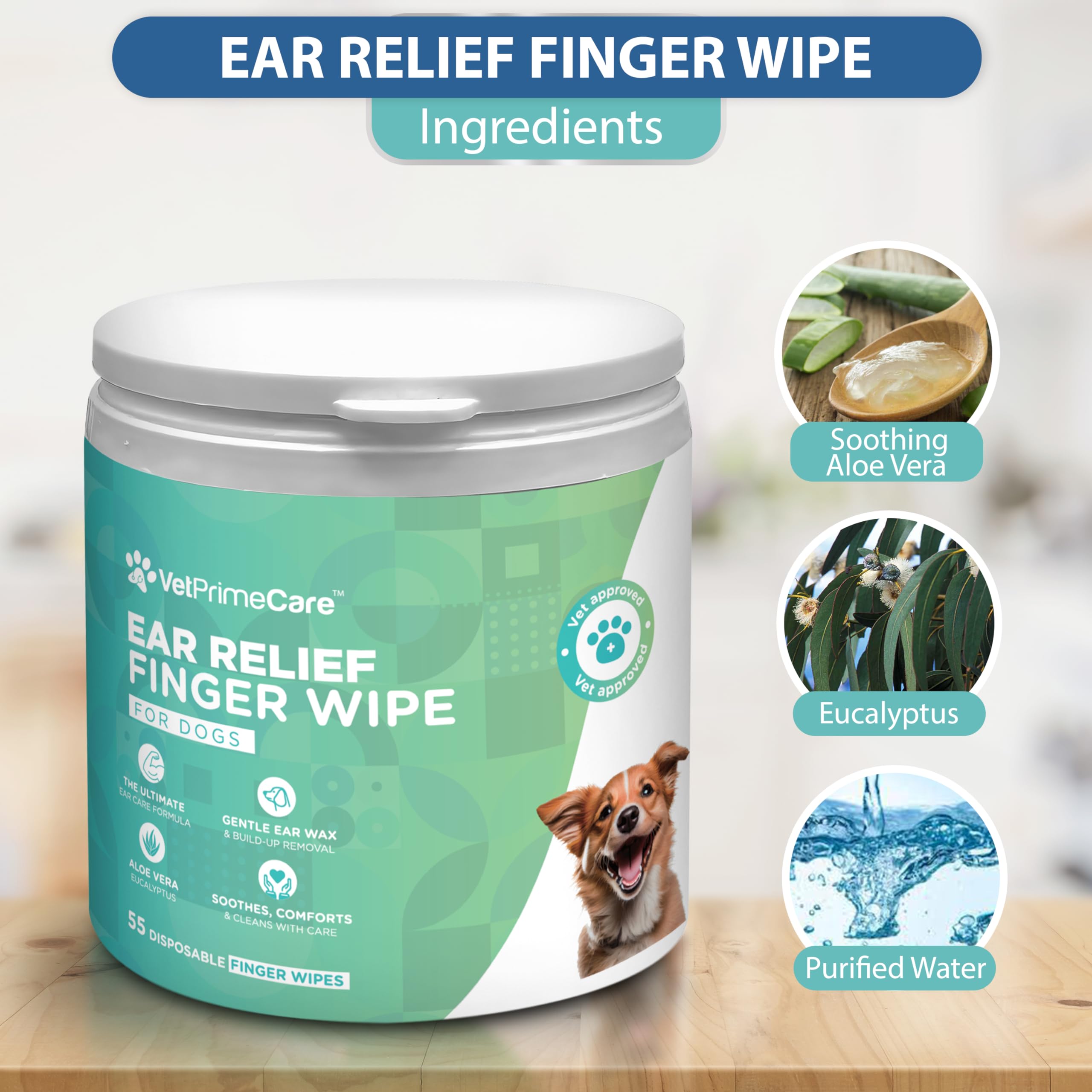 VET PRIME CARE Pet Finger Wipes for Dogs Ear Relief, Aloe Vera & Eucalyptus Infusion, Pet Grooming Wipes, Remove Debris & Ear Wax, Soothe & Deodorize, 55-Count Pack.