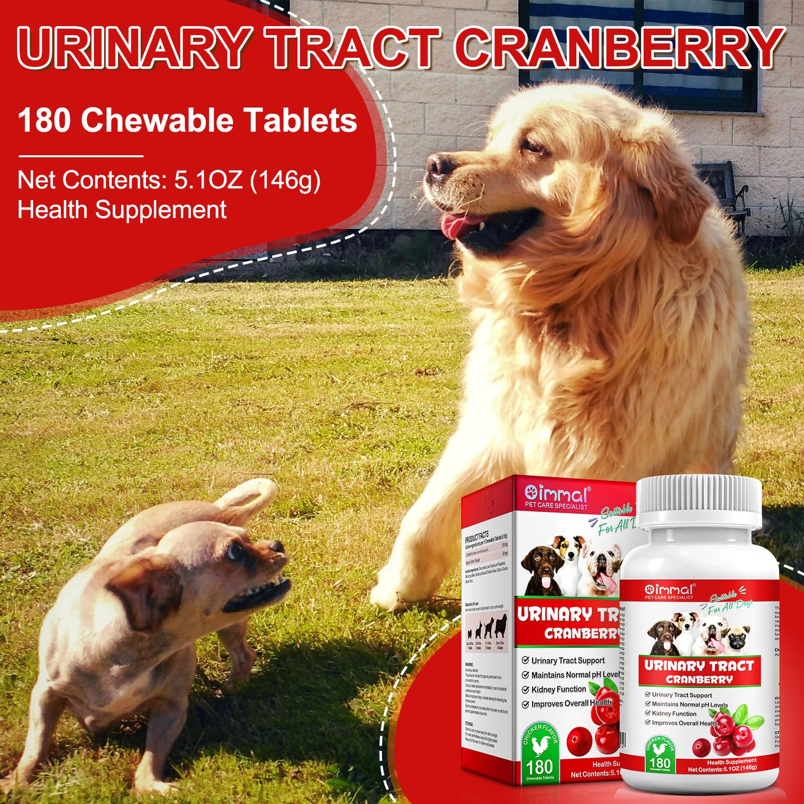 Cranberry for Dogs - 180 Cranberry Supplement Tablest for Dogs Supports Bladder Infection, Dog Incontinence Support, Bladder Stone and Dog UTI, Pet Supplement Treats Tablets for All Breeds Dogs & Ages