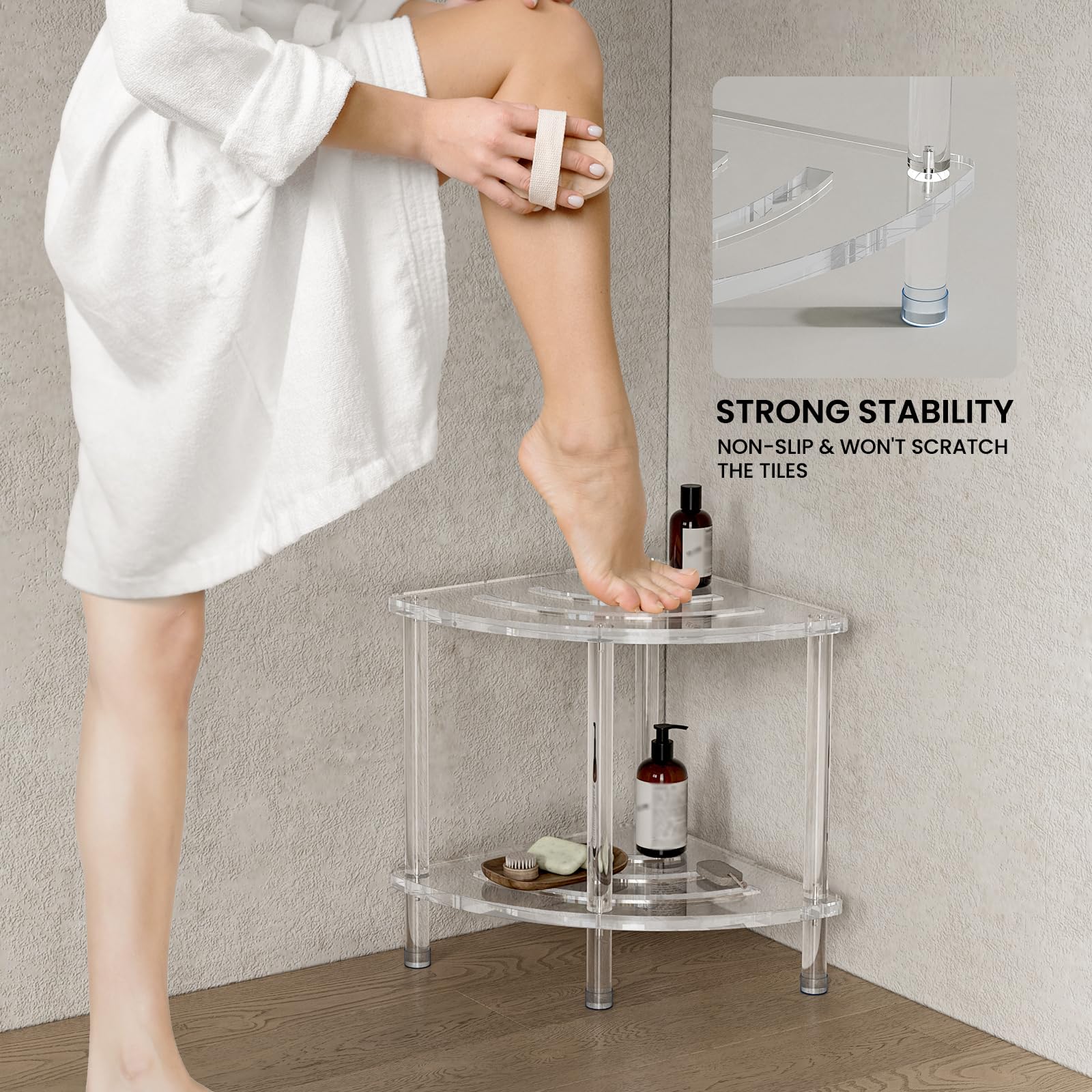 Sumerflos Acrylic Corner Shower Stool for Inside Shower - Clear Shower Bench With Storage Shelf for Shaving Legs Heavy Duty Waterproof Non-Slip Easy Assemble Modern