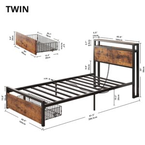 LIKIMIO Twin Bed Frames with Drawer, Storage Headboard with Outlets, No Box Spring Needed, Easy Assembly, Vintage Brown