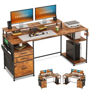 eknkozy computer desk with 3 file cabinet drawers, 57.8'' reversible gaming desk, office desk with storage shelves and dual monitor stand for home & office (rustic brown)