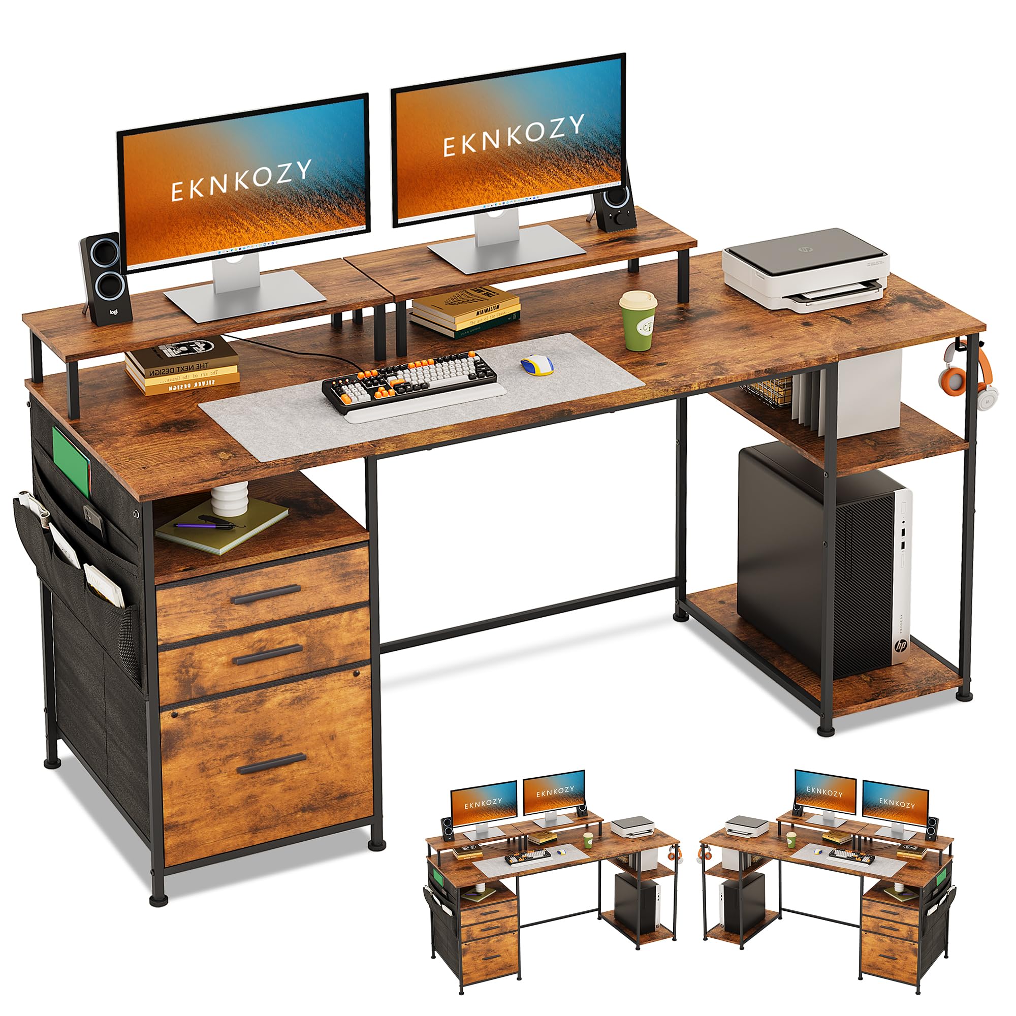 EKNKOZY Computer Desk with 3 File Cabinet Drawers, 57.8'' Reversible Gaming Desk, Office Desk with Storage Shelves and Dual Monitor Stand for Home & Office (Rustic Brown)