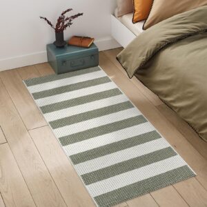 Sungea Boho Striped Front Door Mat Outside Entrance 2x4.3,Green and White Washable Porch Rug Runner,Cotton Hand Woven Indoor Outdoor Rugs,Foldable Farmhouse Layered Door Mats for Entryway