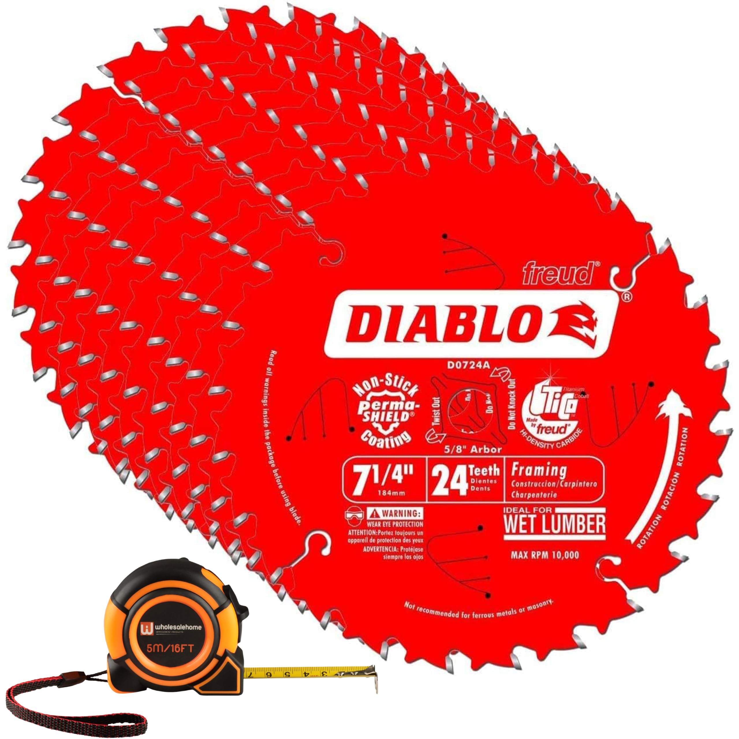 Diablo D0724A 7 1/4" Circular Saw Blade, 24 Tooth Framing Saw Blade 10 Pack, Tape Measure Included