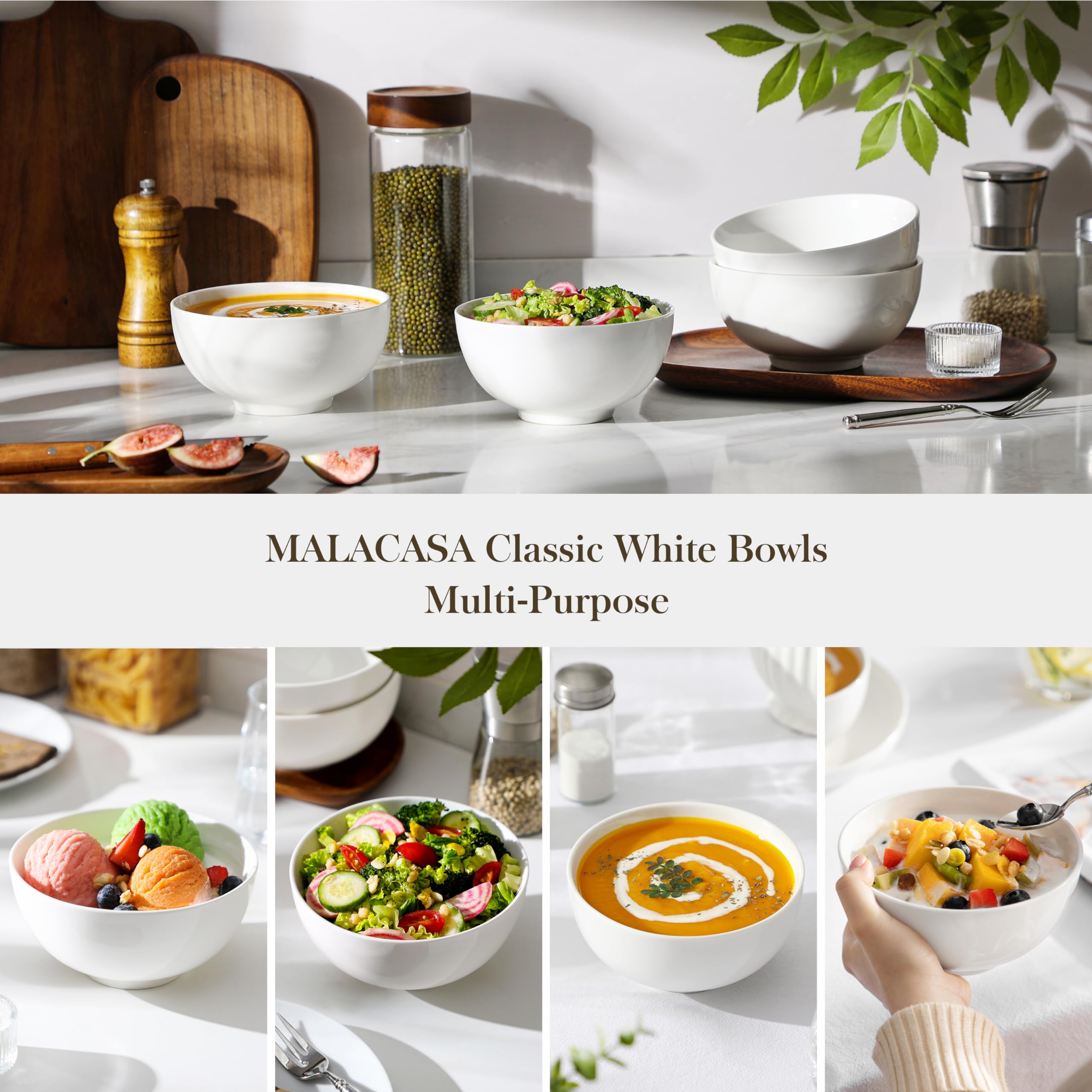 MALACASA 26 oz Porcelain Soup Bowls, 6" Cereal Bowls - White Bowls Set of 4 for Soup, Cereal, Oatmeal, Fruit, Rice - Dishwasher & Microwave Safe, Series Regular