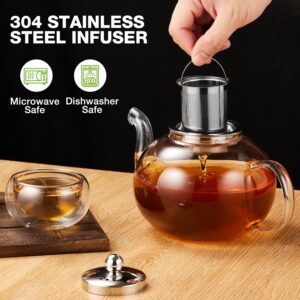 Large Glass Teapot Set, TeaPot (40 OZ/1200ml) with 4 Double Wall Teacups & Removable Stainless Steel Infuser, Stovetop Safe Tea Kettle, Blooming & Loose Leaf Tea Maker Set, Microwave Dishwasher Safe