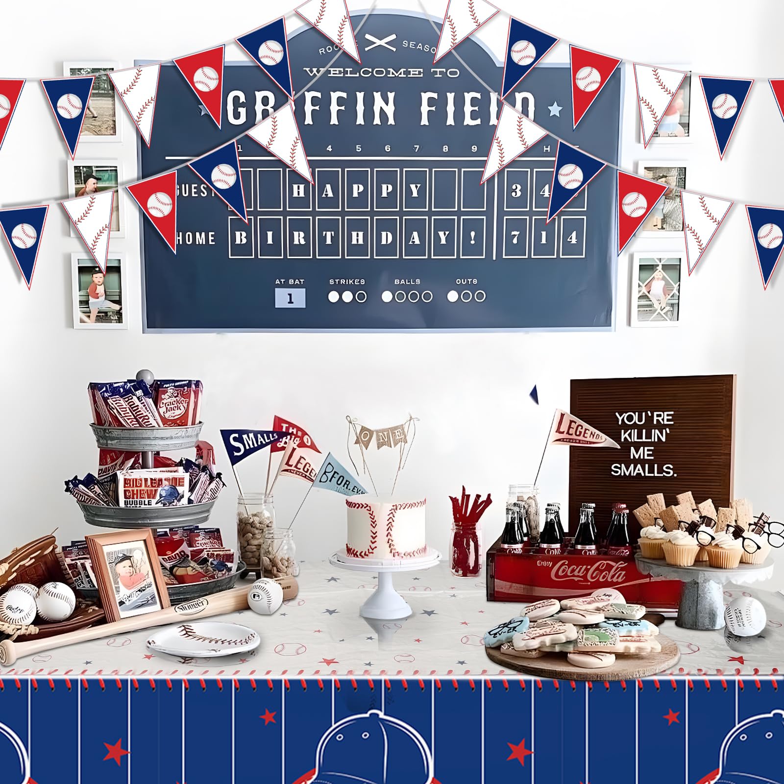 4 Pcs Baseball Party Decorations kit with 3pcs Baseball Theme Tablecloth and 1pc Baseball Banner, Baseball Party Supplies for Kid and Baseball Fans Sports Theme, Birthday Decor