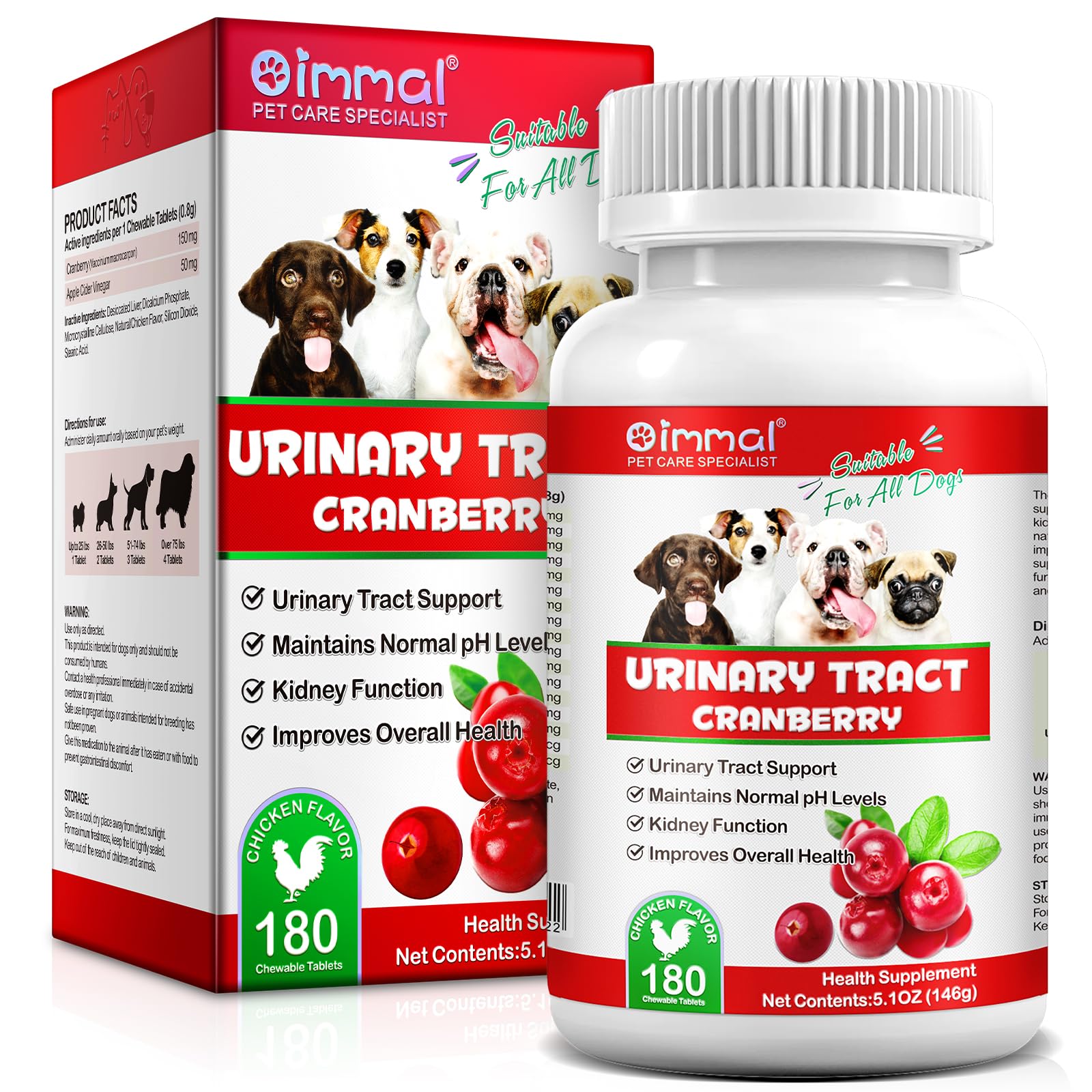 Cranberry for Dogs - 180 Cranberry Supplement Tablest for Dogs Supports Bladder Infection, Dog Incontinence Support, Bladder Stone and Dog UTI, Pet Supplement Treats Tablets for All Breeds Dogs & Ages