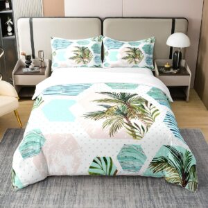 Manfei Tropical Palm Tree 100% Organic Cotton Comforter Cover Geometric Honeycomb Duvet Cover Set Queen Size for Bedroom Summer Beach Ocean Bedding Set with 2 Pillowcases