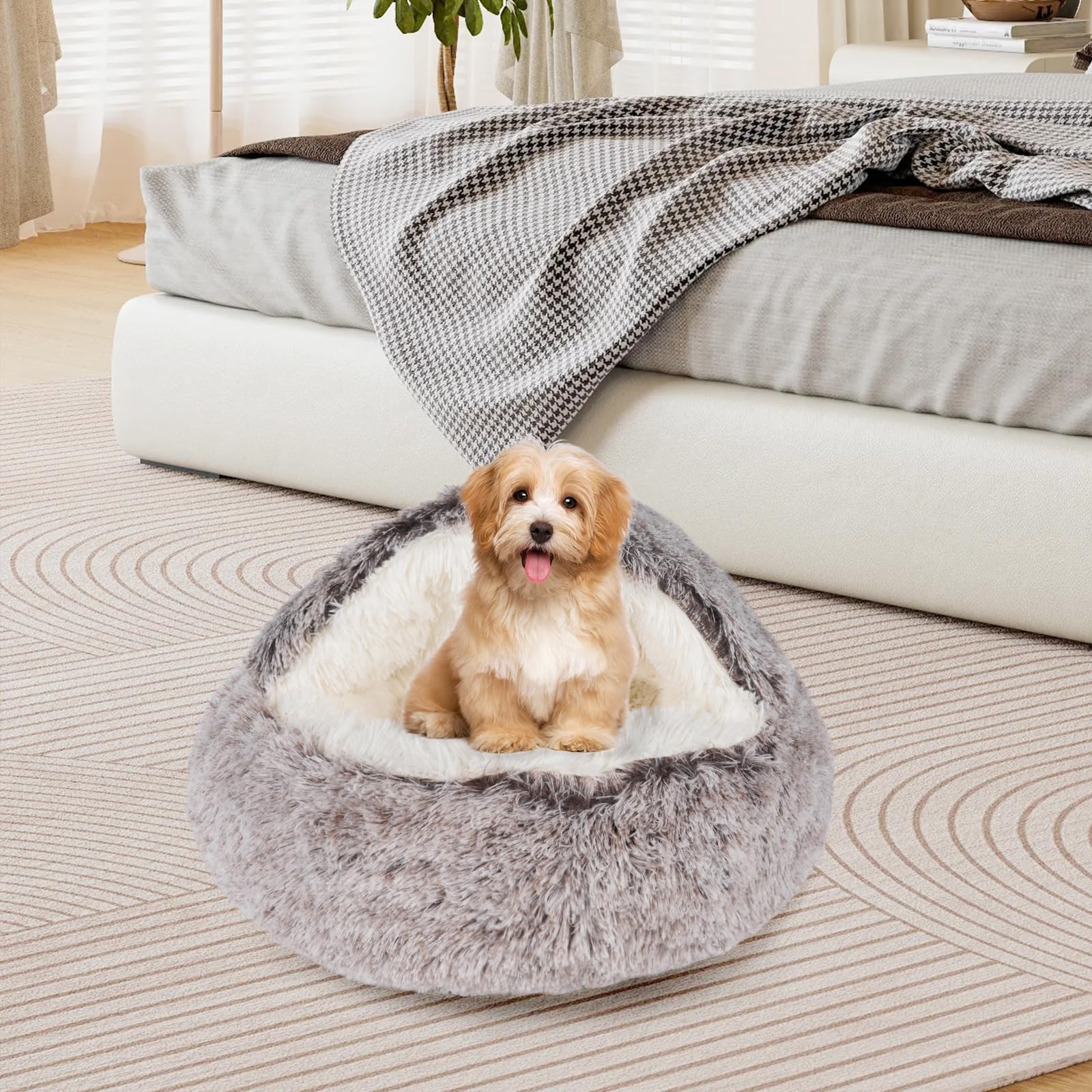 Qianchilang Cat Beds & Dog Bed with Cover Cave, Dog Beds for Small Dogs, Round Soft Plush Donut Calming Pet Bed for Indoor Cats or Small Dog, Washable Puppy Bed with Non-Slip Bottom-16inch