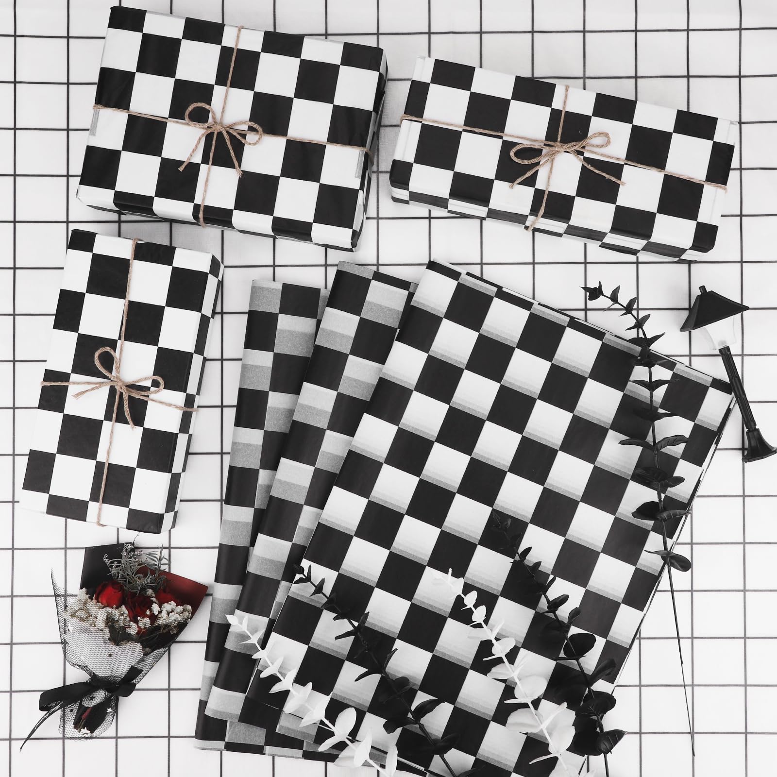 120 Sheets Checkered Tissue Paper Black and White Race Car Party Gift Wrapping Paper Black Plaids Art Tissue Paper for Racing Car Birthday Christmas Party Decorations, 14x20 inch