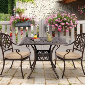 2 Piece Outdoor Dining Chairs, Cast Aluminum Dining Chairs Set of 2, Patio Bistro Chairs Set with Cushions for Patios, Gardens, Pools, Terraces (Flower Design with Khaki Cushion)