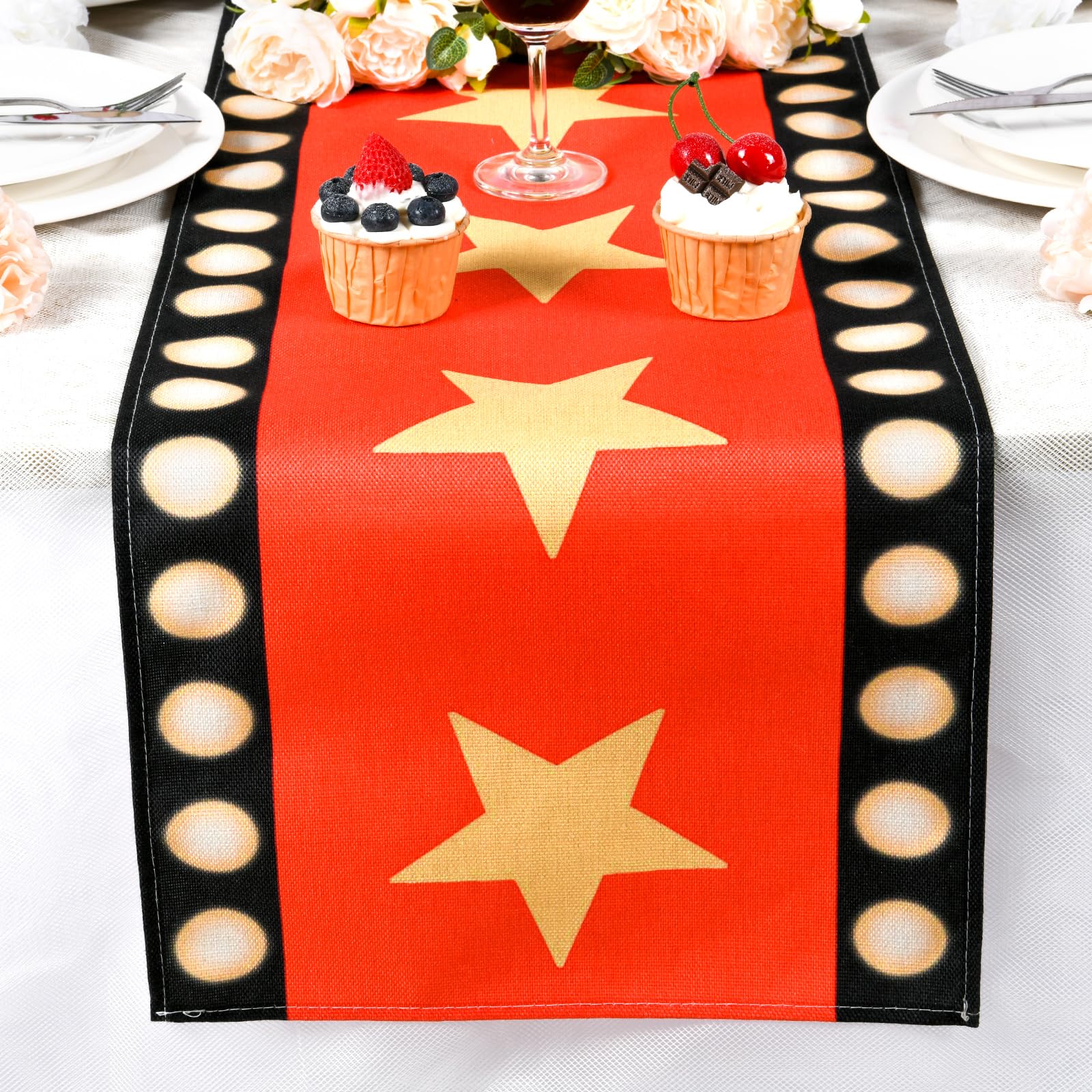 2 Pcs 13 x 72 Inch Movie Night Table Runner Red Movie Theme with Gold Star Design Movie Night Red Carpet Decoration for Movie Night Birthday Party Supplies（red）